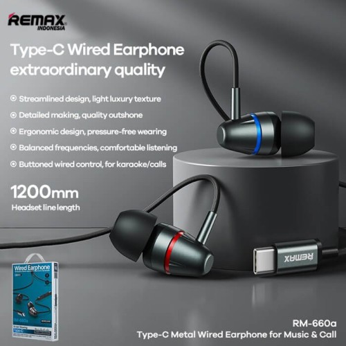 Навушники REMAX Type-C Metal Wired Earphone for Music & Call RM-660a grey