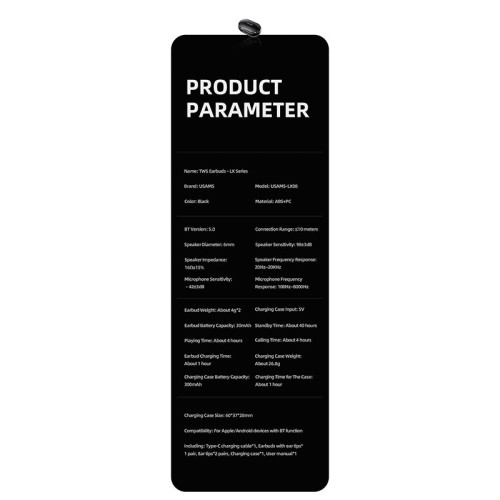 Навушники Bluetooth USAMS TWS Earbuds LX08 |BT5.0, 30/300mAh, 4h| black