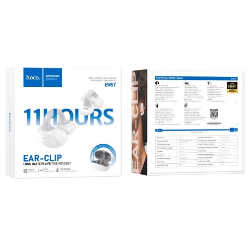Навушники HOCO Auspicious clip-on true wireless BT headset EW57 |BT5.3, 70/450mAh, 11h| white