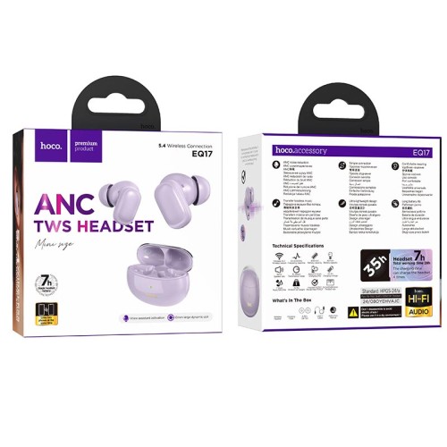 Навушники HOCO Praise true wireless ANC noise cancelling BT headset EQ17 |BT5.4, 40/400mAh, 7h| purple