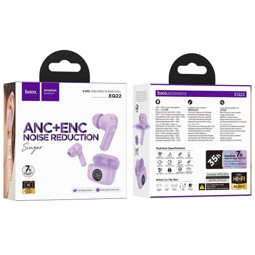 Навушники HOCO Singer true wireless ANC+ENC noise reduction BT headset EQ22 |BT5.4, 40/400mAh, 6-7h| purple