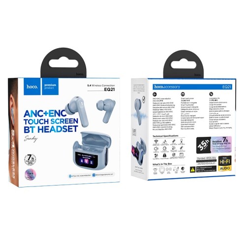 Навушники HOCO Sandy true wireless ANC+ENC noise reduction touch screen BT headset EQ21 |BT5.4, 40/400mAh, 7h| blue
