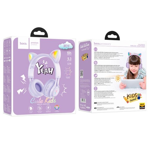 Навушники HOCO Cat ear kids BT headphones W39 |BT5.3, AUX, 10H, 85db| blue