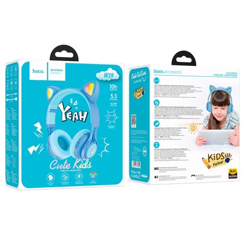 Навушники HOCO Cat ear kids BT headphones W39 |BT5.3, AUX, 10H, 85db| blue