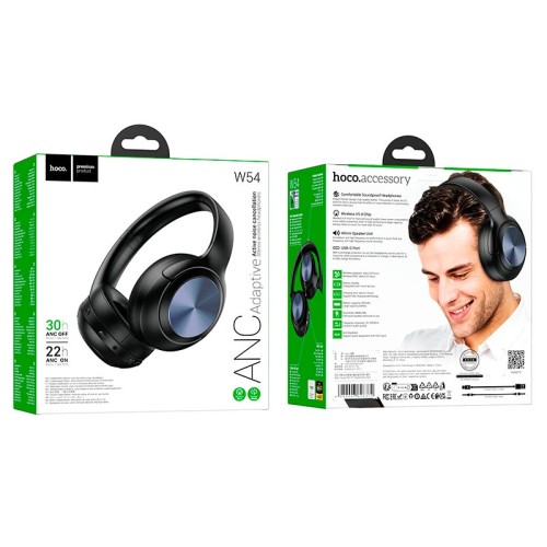 Навушники HOCO Young BT headphones W54 |BT5.4, ANC, AUX, USB-C, 30h| black