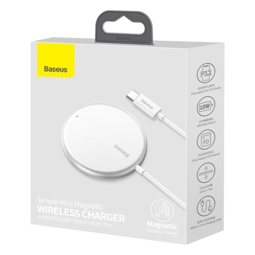 Зарядка Qi BASEUS Simple Mini Magnetic Wireless Charger (suit for Iphone 12 with Type-C cable 1.5m) white