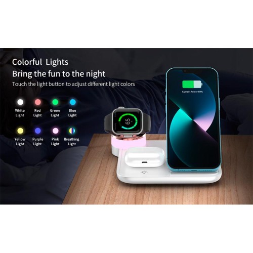 Зарядка Qi 4in1 wireless charger RGB X499 |Phone/Watch/Earphones, 15W Max| white