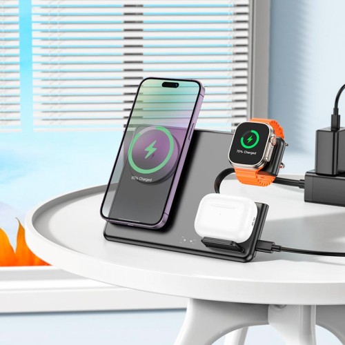 Зарядка Qi HOCO Geek folding 3-in-1 magnetic wireless fast charger CQ1 (iWatch/phone/earphone, 15WQi, 27W Type-C) black
