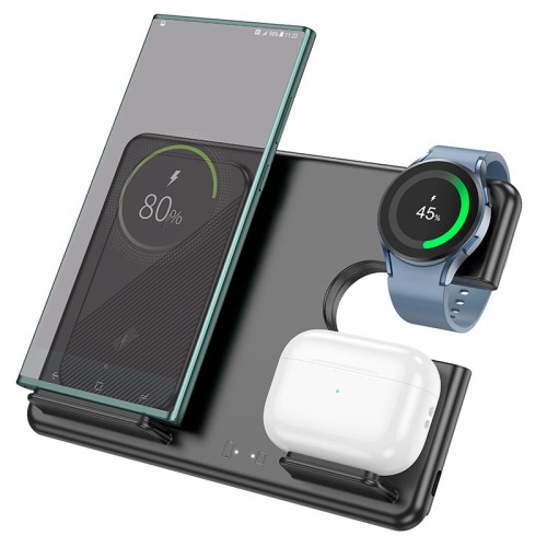 Зарядка Qi HOCO Flash folding 3-in-1 wireless fast charger CQ2 (SAM Watch/phone/earphone, 15WQi, 27W Type-C) black