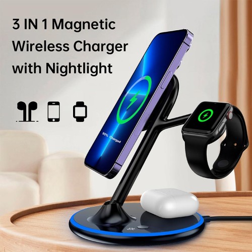 Зарядка Qi 3 in 1 Foldable Magnetic Wireless Charger X516 |15W, Phone/AirPods/iWatch| black