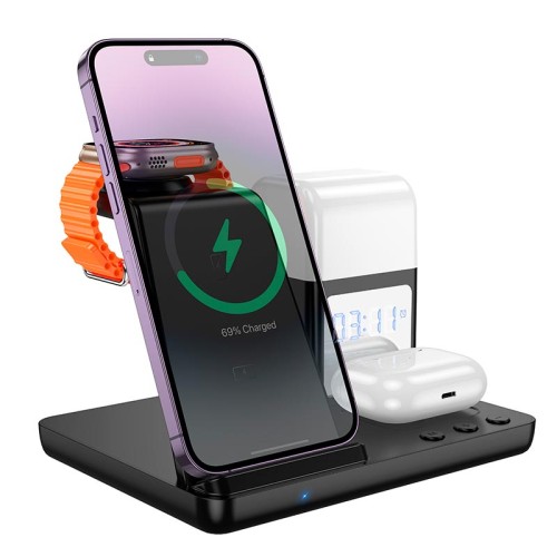 Зарядка Qi HOCO Crown 3-in-1 night light wireless fast charger with clock CQ9 |15W| black