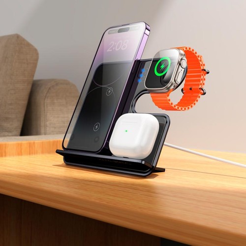 Зарадка Qi HOCO Falcon 3-in-1 desktop vertical wireless fast charging CQ19 |15W| metal-grey