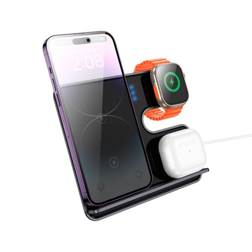 Зарадка Qi HOCO Falcon 3-in-1 desktop vertical wireless fast charging CQ19 |15W| metal-grey