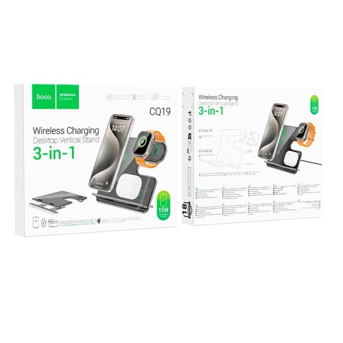 Зарадка Qi HOCO Falcon 3-in-1 desktop vertical wireless fast charging CQ19 |15W| metal-grey