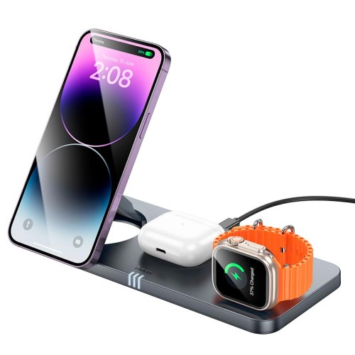 Зарядка Qi HOCO Outstanding 3-in-1 desktop folding magnetic wireless fast charger CQ22 |15W| metal-grey