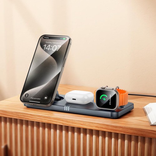 Зарядка Qi HOCO Outstanding 3-in-1 desktop folding magnetic wireless fast charger CQ22 |15W| metal-grey