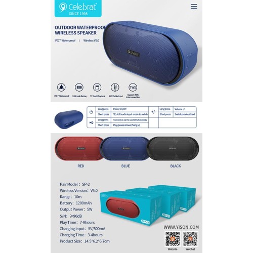 Акустика CELEBRAT TWS SP-2 |IPX7, AUX/TF/BT5.0, 5W| black