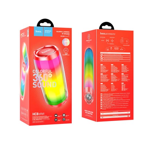 Акустика HOCO Pulsating colorful luminous HC8 |4Hours, BT5.0, TWS, 360° Sound, AUX, FM, TF, USB| red