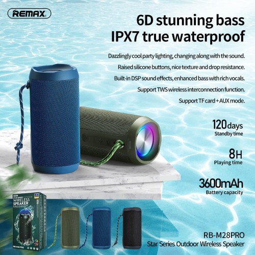 Акустика REMAX Star Series RGB Outdoor Wireless Speaker RB-M28 PRO IPX7 |BT5.0,8Wx2, TWS, AUX/TF, DSP, 8h| blue