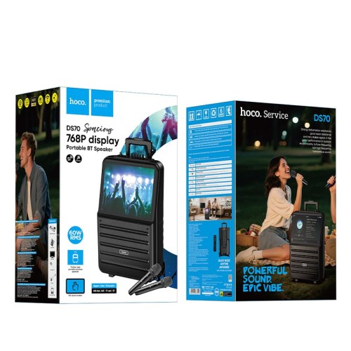 Акустика-караоке HOCO Spacious outdoor karaoke BT speaker with dual microphone and 768p display DS70 |BT5.0, USB/AUX/TF, 60W, 3h, EQ| black