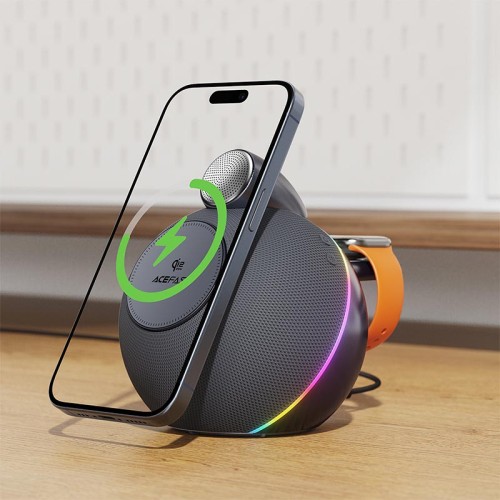 Акустика ACEFAST speaker with wireless charger K10 Air IPX4 |BT5.4, Qi2 25W, RGB, TWS| grey