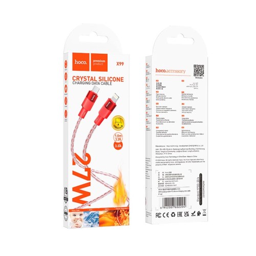 Кабель Hoco X99 Crystal junction PD silicone charging data cable |1m, 27W/3A| red