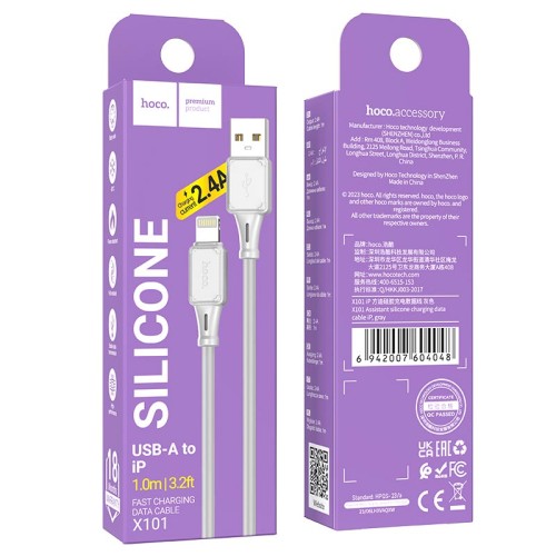Кабель HOCO lightning Assistant silicone charging data cable X101 |1m, 2.4A| black