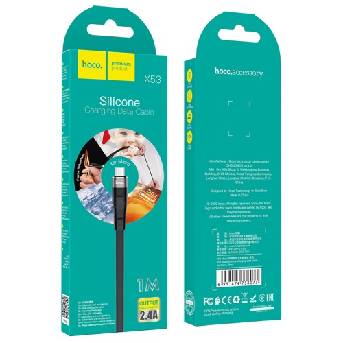 Кабель HOCO Micro USB Angel silicone charging data cable X53 |1m, 2.4A| black