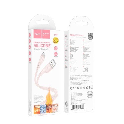 Кабель HOCO Micro USB Crystal color silicone charging data cable X97 |1m, 2.4A| pink