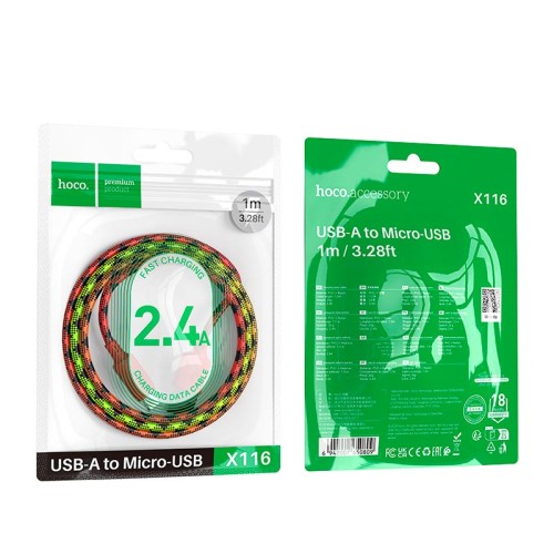 Кабель HOCO Micro USB Meridian charging data cable X116 |1m, 2.4A| red