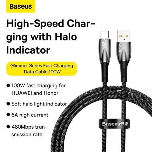 Кабель Baseus Type-C Glimmer Series Fast Charging Data Cable |1m, 100W/6A| black