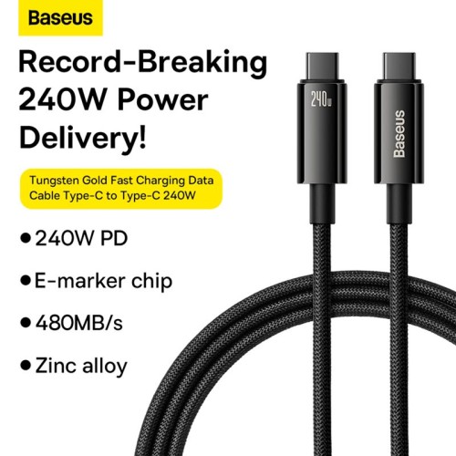 Кабель Baseus Tungsten Gold Fast Charging Data Cable Type-C to Type-C |240W, PD3.1, 1m| black