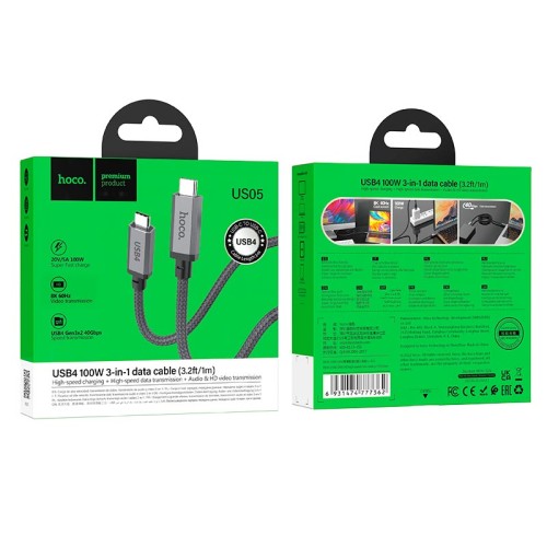 Кабель HOCO USB4 HD high speed data cable US05 |1m, 100W/5A, 8k| black