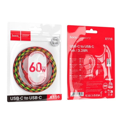Кабель HOCO Type-C to Type-C Meridian charging data cable X116 1m, 60W/3A| red