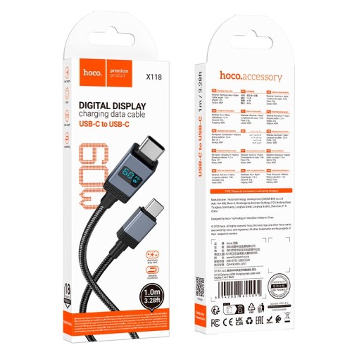 Кабель HOCO Type-C to Type-C Generous charging data cable with display X118 |1m, 60W| black