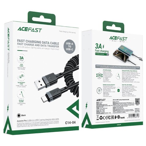 Кабель ACEFAST USB-A to USB-C spring charging data cable C14-04 |1.2m, 3A| black