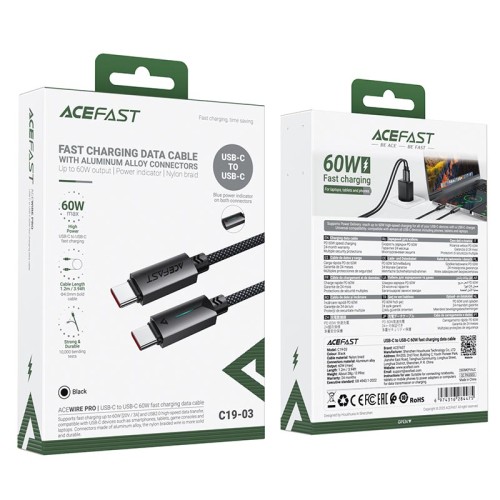 Кабель ACEFAST USB-C to USB-C 60W Fast charging data cable C19-03 |1.2m, 60W/3A| black
