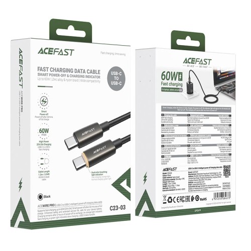 Кабель ACEFAST USB-C to USB-C intelligent power-off charging data cable C23-03 |1.2m, 60W/3A| black