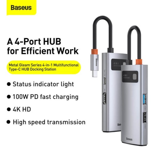 Hub адаптер BASEUS Type-C Metal Gleam Series 4-in-1 Multifunctional Docking Station |2USB, HDMI, Type-C, 100W PD| (CAHUB-CY0G) grey