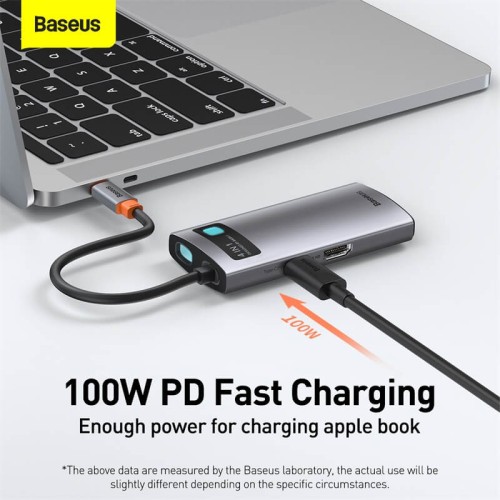 Hub адаптер BASEUS Type-C Metal Gleam Series 4-in-1 Multifunctional Docking Station |2USB, HDMI, Type-C, 100W PD| (CAHUB-CY0G) grey