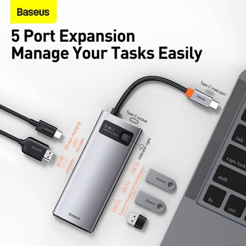 Hub адаптер BASEUS Type-C Metal Gleam Series 5-in-1 Multifunctional Docking Station |3USB, HDMI, Type-C, 100W PD| (CAHUB-CX0G) grey