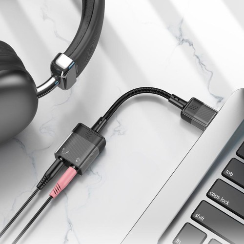 Перехідник HOCO Spirit 2-in-1 transparent external sound card for earphones USB to 3.5mm LS37 |15cm, DAC| grey