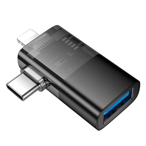 Перехідник HOCO iP male/C male to USB female OTG 2-in-1 transparent adapter UA36E |480Mbps, 2A| black