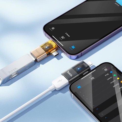 Перехідник HOCO iP male/C male to USB female OTG 2-in-1 transparent adapter UA36E |480Mbps, 2A| black