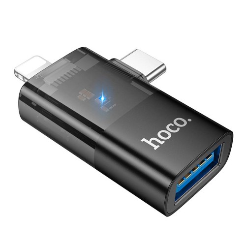 Перехідник HOCO iP male/C male to USB female OTG 2-in-1 transparent adapter UA36E |480Mbps, 2A| black