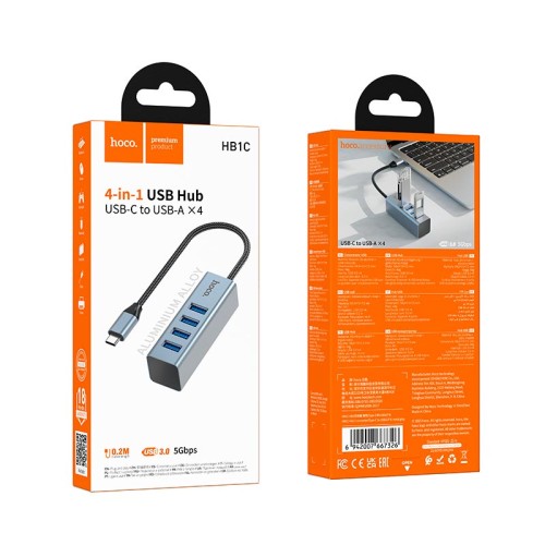Перехідник HOCO 4-in-1 converter (Type-C to USB3.0*4) HB1C |0.2m, 5Gbps| metal-grey
