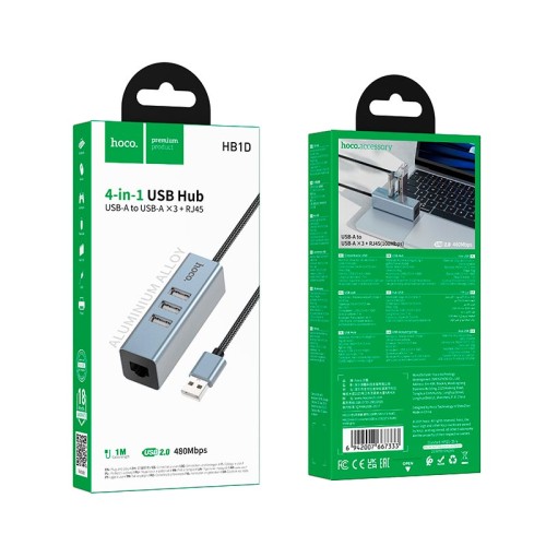 Перехідник HOCO 4-in-1 converter (USB to USB2.0*3+RJ45) HB1D |1m, 480Mbps| metal-grey