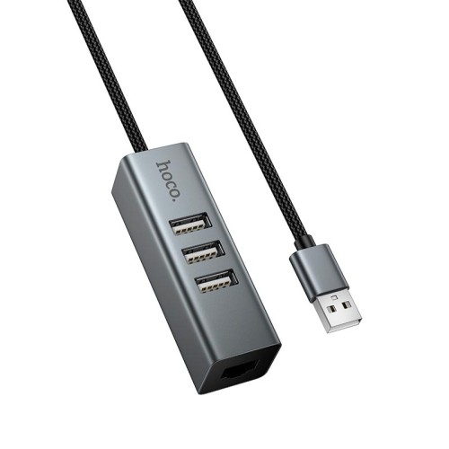 Перехідник HOCO 4-in-1 converter (USB to USB2.0*3+RJ45) HB1D |1m, 480Mbps| metal-grey