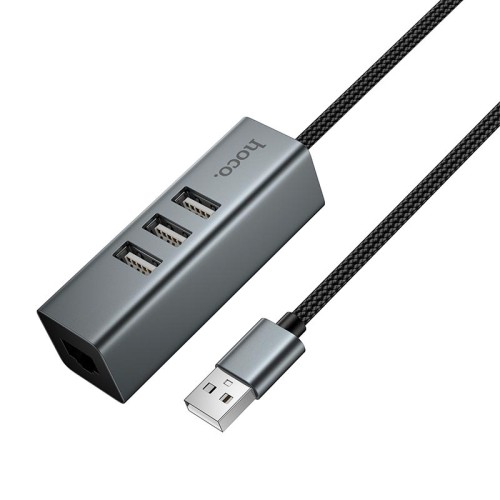 Перехідник HOCO 4-in-1 converter (USB to USB2.0*3+RJ45) HB1D |1m, 480Mbps| metal-grey