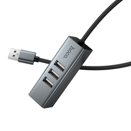 Перехідник HOCO 4-in-1 converter (USB to USB2.0*3+RJ45) HB1D |1m, 480Mbps| metal-grey